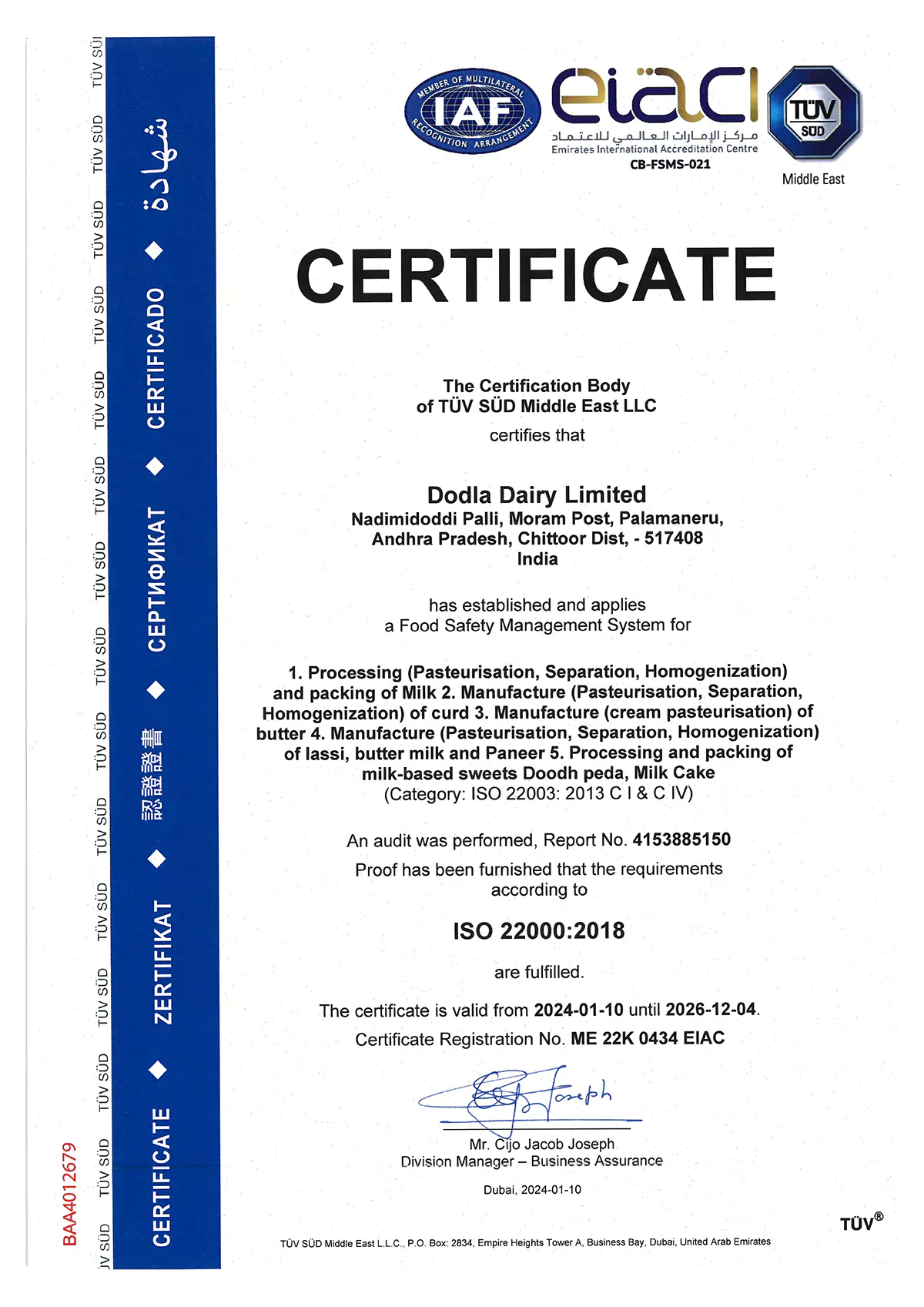 dodla dairy limited iso