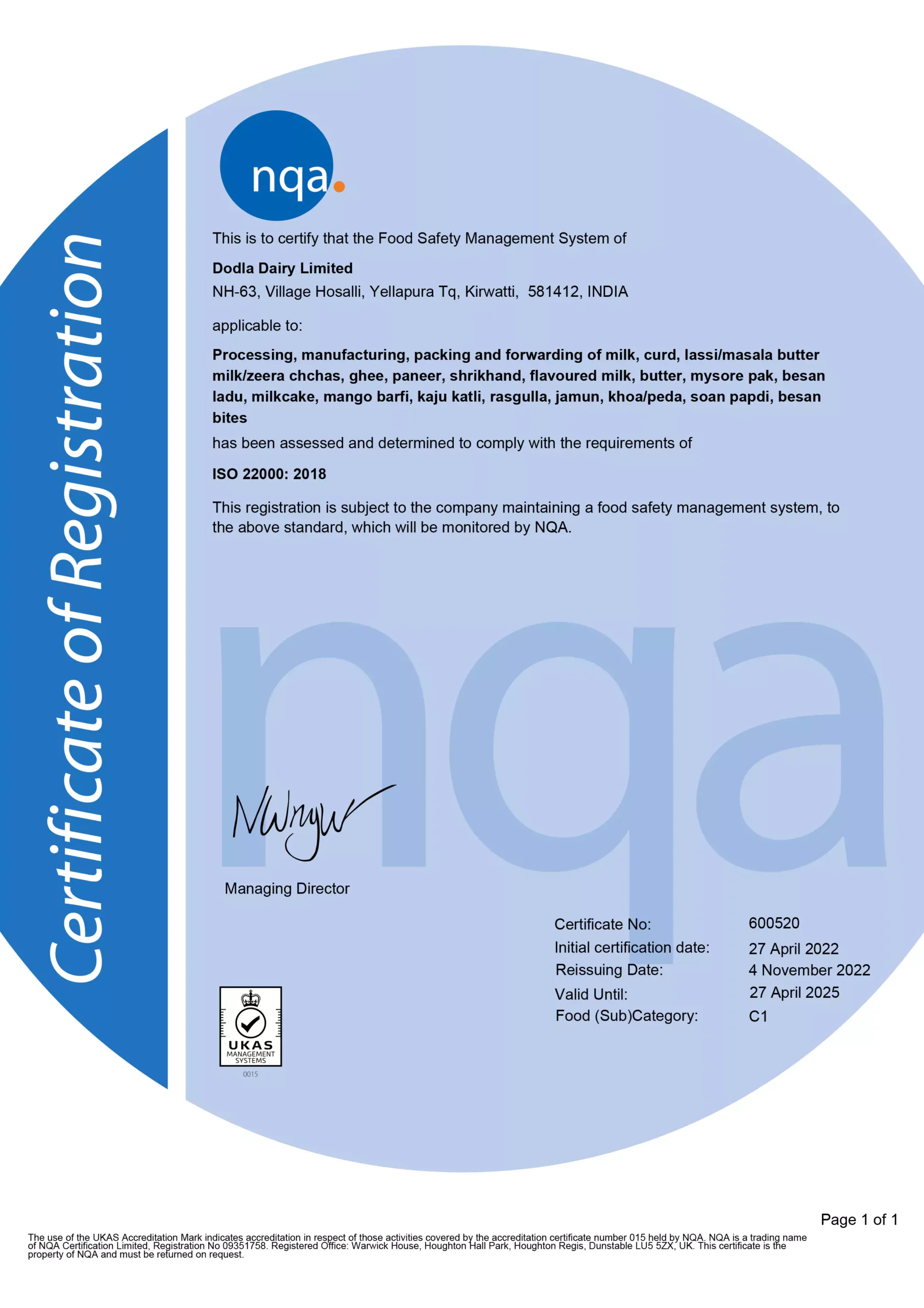 kirwatti dodla dairy limited iso certificate
